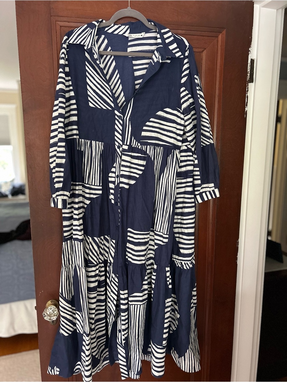 Zara Navy and White Patchwork Stripe Maxi Shirt Dress
